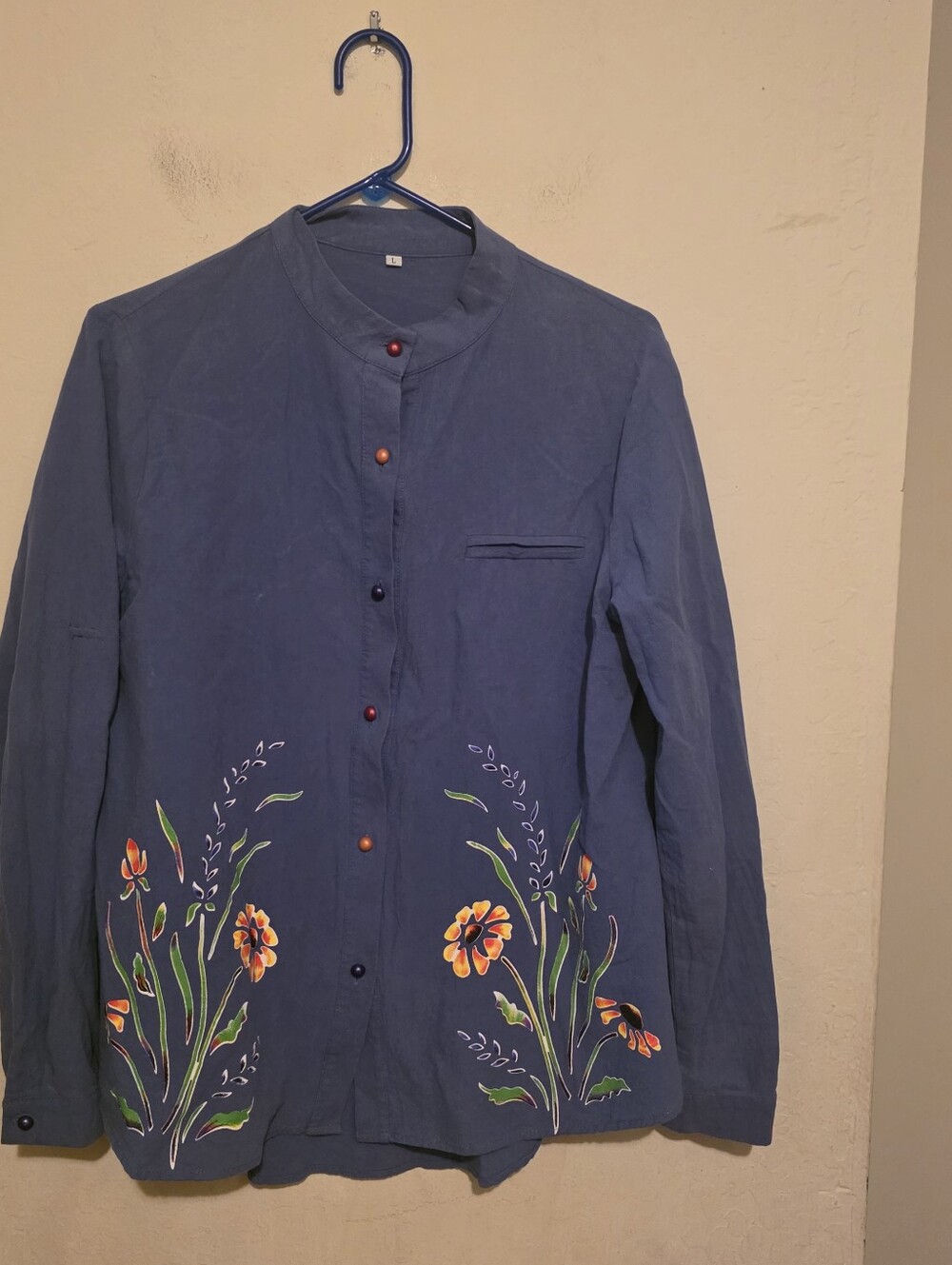 women's Blue Floral Band Collar Long Sleeve Button-Up Shirt Size L